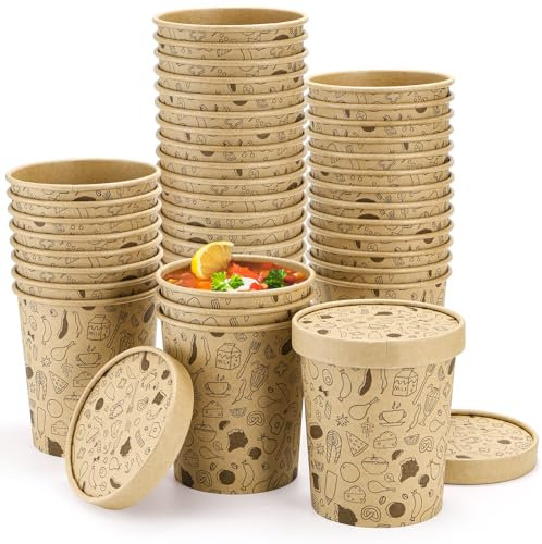 Cedilis 50 Pack Paper Soup Containers with Lids, 450ml Brown Soup Cup Deli Dessert Cups, Disposable Kraft Food Containers for Ice Cream, Hot or Cold Soup, Yogurt