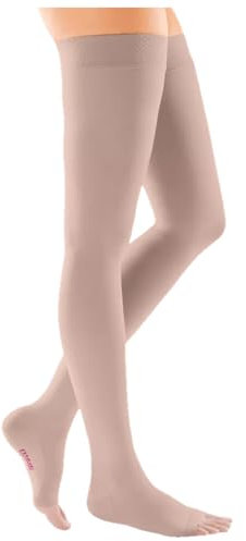 medi mediven comfort Kompressionsstrümpfe Oberschenkellang | KKL1 | Größe: II | Farbe: Cashmere | Offene Spitze | Normal | Flächen-Haftband Rose | Mit Komfortsohle & Lanolin