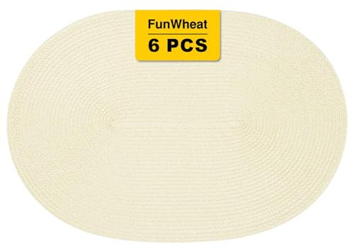 FunWheat Ovale geflochtene Platzsets, Set mit 6 Tischsets für Esstische, waschbar, hitzebeständig, Platzsets für drinnen und draußen, 30,5 x 45,7 cm (ovales Beige, 6 Stück)