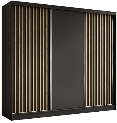 Margaret Hadas24 Kleiderschrank Erika mit Lamellen ohne Spiegel, Organizer, Mehrzweckschrank, Schwebetürenschrank, Garderobenschrank, Kleiderstange, Kleiderständer, Flurschrank, 240 cm, schwarz, braun