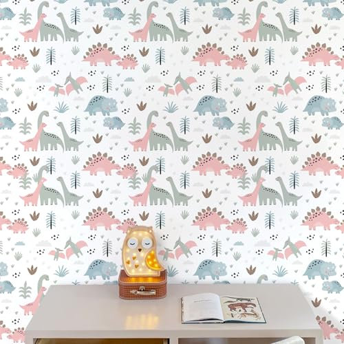 Alwayspon Cartoon Dinosaur Self Adhesive Wallpaper, Peel and Stick Furniture Transfer Sticker Decals Living Kids Room Wall Art, Sticky Back Vinyl Film Roll for Drawer Cabinet Wardrobes Covering Decor