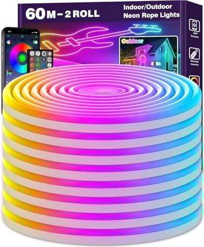 LETIANPAI 60m Neon Rope Lights, Flexible LED Cord Lights Controlled with App/Remote, Multiple Modes, IP65 Outdoor RGB Light Waterproof, Music Sync Led Neon (60M)