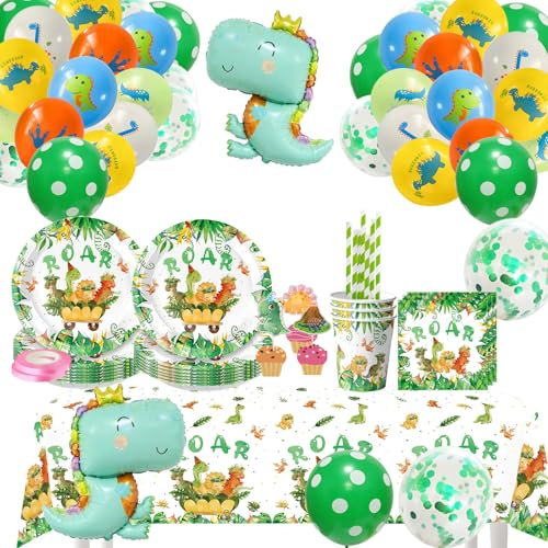 Tchsrim Vajilla Dinosaurios Infantil para Cumpleaños - 114 Unidades, Platos y Vasos, Dino Fiesta Juego de Mesa, Decoración Adecuado para 20 Invitados