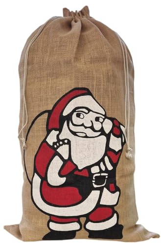 1 Jutebeutel, Jutesäcke natur mit farbigem Weihnachtsmann Motiv, Nikolaus, Geschenkverpackung, Weihnachten, Dekoration, Santa Claus, Geschenk, Advent, Winter, Weihnachtsfest (100x60)