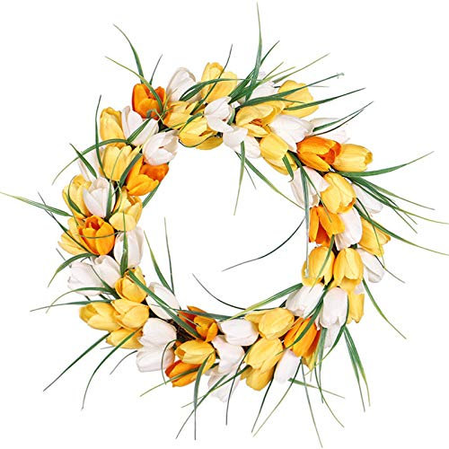 POTRUWE 12 Inch Artificial Spring Wreath White Tulip Flower Floral Wreath for Front Door Summer Fall Wreaths Springtime All Year Around for Outdoor Door Indoor Wall