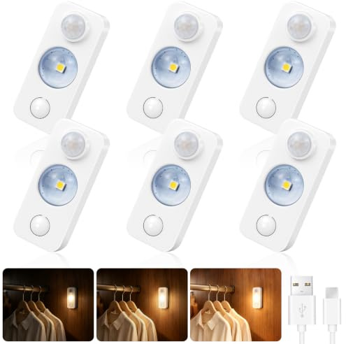 LEDLightsWorld LED Motion Sensor Lights Indoor, Rechargeable Dimmable Cupboard Lights 3 Modes, Stick on Wireless USB Night Lights for Cabinet, Closet, Hallway, Shelf, Stair, Warm White 6 Pack