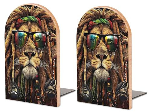 Lot de 2 Serre-Livres en Bois avec Lunettes colorées de Lion pour étagères, Serre-Livres antidérapants pour Bureau, Maison, Cuisine, Serre-Livres pour contenir des Livres 17 x 12 cm