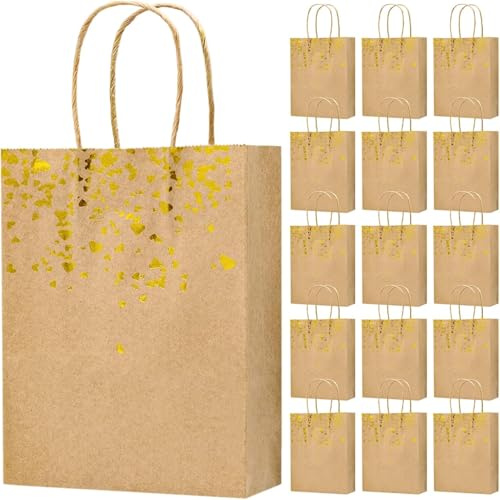 AMJKEJI Geschenktüten Klein, 15 Stück Geschenktüten Kraftpapier mit Henkel 21 x 15 x 8 cm Papiertüten mit Gold Herz für Geburtstag Hochzeit Weihnachten Neujahr Valentinstag (Braun)
