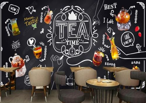 Carta Da Parati Murale Personalizzata 3D Lavagna Gesso Frutta Tè Tempo Libero Bar Latte Tè Negozio Caffè Sfondo Muro-150Cmx105Cm