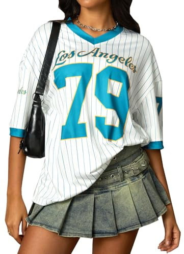 Navneet Damen Jersey Shirt Y2K Trikot Gestreift Oversize Tshirt Sommer Baggy Longshirt Kurzarm Football Streetwear Weiß L