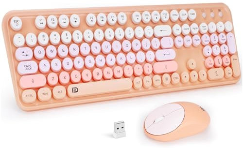 Wireless Keyboard Mice Combo, 2.4GHz Colorful Full-Size Keyboard and Mouse Set with Number Pad, Silent Cute Wireless Mouse for PC, Windows, Desktop, Laptop (Khaki)