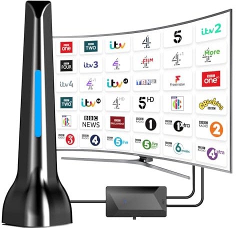 TV Aerial Indoor, Freeview Indoor TV Aerial with 560+ Miles Range, 360° Reception Magnetic Base, Support VHF/UHF/DAB Radio -All TVs