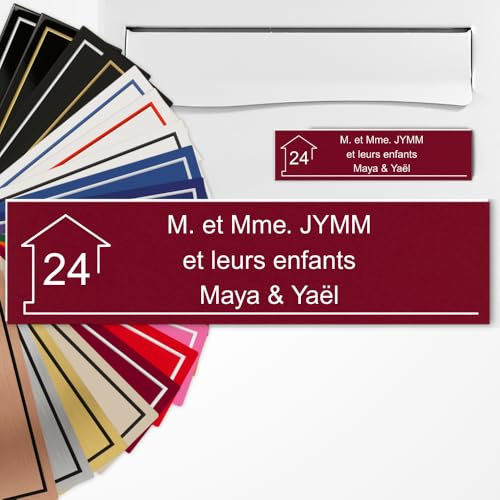 Plaque Boîte aux Lettres Personnalisée 10x2,5 cm adhésive en PVC – Gravure Laser – 22 Couleurs – Avec ou Sans Motif (Bordeaux texte blanc)