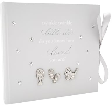 Happy Homewares Twinkle Twinkle Baby Shower Keepsake Photo Album with Silver Plated and Diamante Rattle Pram and Booties | Faux Silk Ribbon