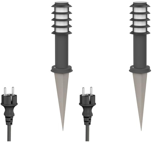 ledscom.de 2x Pollerleuchte PORU mit Erdspieß und 2m Kabel für außen, IP44, Gitter, 39cm, anthrazit, inkl. E27 Lampe max. 963lm, warmweiß