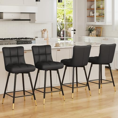 Bekrvio Lot de 4 Tabourets de Bar Pivotants, 66 cm, Similicuir, Noir | Assise 10 cm, dossier enveloppant et repose-pieds, confort, rotation 360° et charge maximale de 160 kg