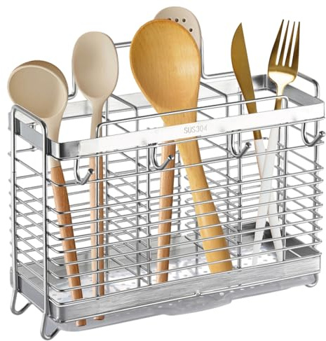 GAESHOW Scola cubiertos de cocina, porta utensilios de cocina de acero inoxidable, 3 compartimentos, cesta para cubiertos con bandeja archivadores y gancho, fijación a pared/mesa