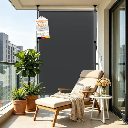 HOMEDEMO Senkrechtmarkise Außen, Vertikalmarkise ohne Bohren, Balkonrollo mit Einstellbare Handkurbel, Sichtschutz Sonnenschutz Windschutz, Garten, 150x(220-310) cm, Stoffbreite 135,5 cm, Anthrazit