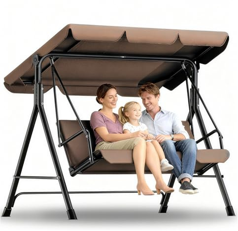 WoRaum Hollywoodschaukel 3-Sitzer Outdoor mit Verstellbarem Sonnendach – Gartenschaukel mit Komfortabler Polsterung, Bis 200kg Belastbar & Teslin-Sitz – Maße 193x110x152cm (Dunkelbraun)