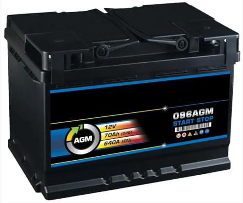 096 AGM Car Battery 12V 70Ah 640A CCA, Type 096 Start Stop Replacement Starter Battery, AGM Vehicle Battery for Compatible Cars & Vans, 278 x 175 x 190mm