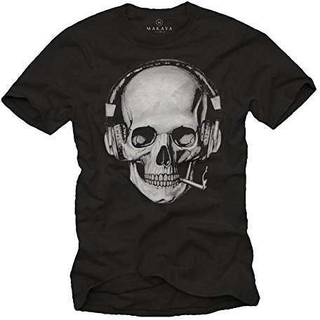 MAKAYA Totenkopf T-Shirt mit Kopfhörer - Skull Rock Band Musik Shirt für Herren