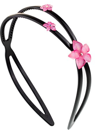 Righe e Pois - Cerchietto per caplli bambina DOPPIO CON 3 FIORI strass - Fucsia