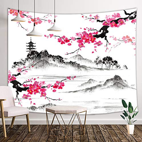 Japanischer Aquarell-Frühlings-Wandteppich, Fuji mit Kirschblüten, Sakura-Blume, Wandteppich, Kunst für Heimdekoration, Wohnheim-Dekoration, Wohnzimmer, Schlafzimmer, Tagesdecke, Wanddecke, 152,4 x