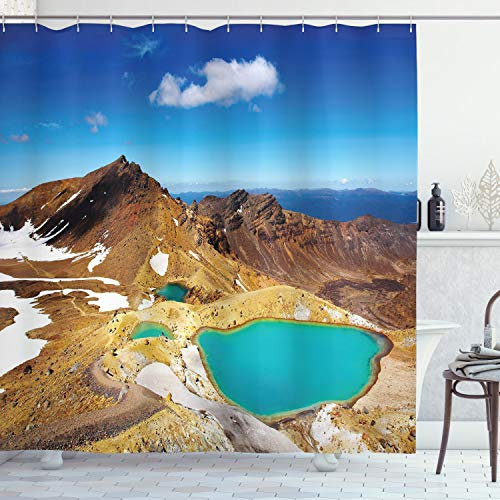 ABAKUHAUS Neuseeland Duschvorhang, Emerald Lakes Foto, Stoffliches Gewebe Badezimmerdekorationsset mit Haken, 175 x 240 cm, Braun Blau