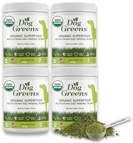 Dog Greens Organic Plant-Based Supplement for Skin, Coat, Digestive & Immune Health in Dogs (12 oz); Natural, Holistic and Vet Approved, Add to Raw, Cooked Homemade, Kibble or Canned Dog Food, 4 Pack
