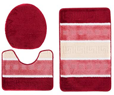 Carpeto Badematte Badezimmer 3er-Set 50x80cm Rot Weich rutschfest Acryl | Badteppich 50x80cm 50x40cm 45x40cm Wetterfest Wasserabsorbierend Fußbodenheizungsgeeignet (Wc-Vorleger) + (Wc-Deckelbezug)