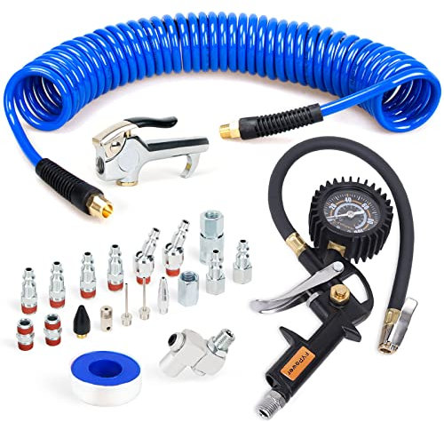 FYPower Lot de 22 accessoires pour compresseur d'air, 9,5 mm x 7,6 m, tuyau de compresseur d'air en polyéthylène à rebond de 0,6 cm, raccords d'air à connexion rapide NPT, jauge de gonflage de pneu,