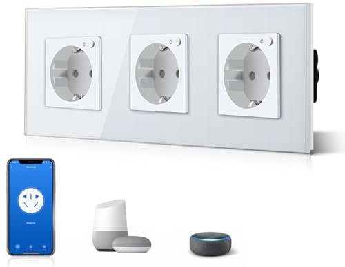 BSEED Schuko Wifi Steckdose 16A Smart Alexa Glassteckdose, 1 Pack Dreifachsteckdose 3 Weg Weiß 228mm Unterputz-Installation APP-Steuerung Arbeit mit Alexa/Google Home DIY Free Spin Nur 2.4 GHz