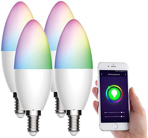 Luminea Home Control LED E14 dimmbar: 4er-Set WLAN-LED-Kerze, E14, RGB-CCT, 5,5 W (ersetzt 40 W), 470lm, App (Smart Glühbirne, RGB Glühbirne)