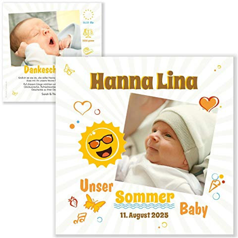 Unser-Festtag Unser Sommer Baby Edle Dankeskarte Geburtsdankeskarten Mädchen Junge, modern, mit Fotos und Wunschtext - 70 Karten