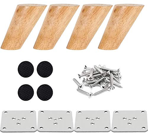 Drenky Lot de 4 Pied De Meuble Bois Pied de lit 8 cm Pied Table Basse Incliné Pied Meuble Cuisine Finition Noyer avec Accessoires d'installation pour Fauteuil, Table De Nuit, Armoire, Tiroir etc