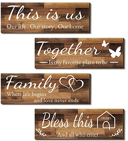 4 Pieces Home Wall Signs, THIS IS US/TOGETHER/BLESS THIS HOME/FAMILY Wall Decor For Living Room Bedroom, Rustic Wooden Farmhouse Wall Art , 4.7 x 13.8 Inch(Brown)