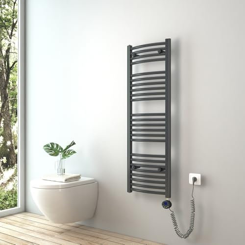 S'AFIELINA Badheizkörper Elektrisch 1200x400 mm Handtuchwärmer mit Thermostat 500W Seitenanschluss Gebogen Handtuchheizkörper Elektrisch Anthrazit mit Heizstab+Timer-Funktion