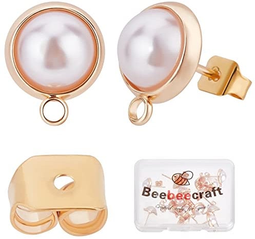 Beebeecraft 20 Stück/Box 18 Karat Vergoldete Ohrringe Zubehörteile Mit Halbrundem Kunststoffperlen-Ohrring Mit Öse & Sterling Silber Stiften & Schmetterlings Ohrring Verschlüssen