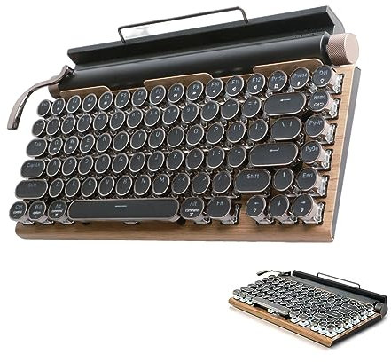 Cuifati Retro-Schreibmaschinentastatur, Schwarze Retro-Punk-Gaming-Tastatur mit RGB-Hintergrundbeleuchtung, Runde Metalltasten, Kabellose Mechanische BT5.0-Tastatur mit USB-Kabel, Blauer (Farbe der