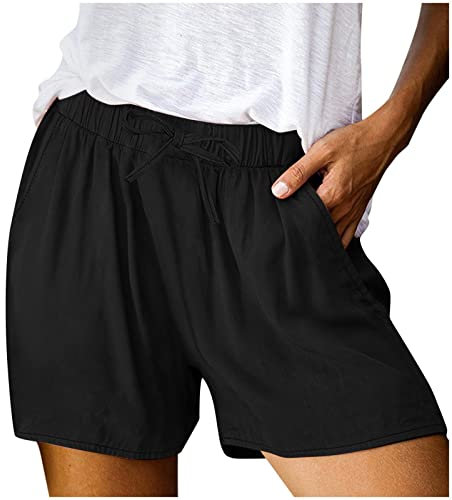 Short Lin Coton Femme été Chic Leger Fluide Pas Cher Shorts Habillé Femme Grande Taille élastique avec Poches Confortable Ample Mode 2025 Casual Sport Jogging Pantalon Court (Noir, XXL)