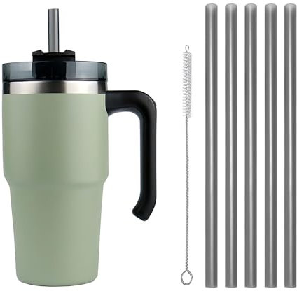 Moollyfox Mug Isotherme avec Poignée Couvercle Brosse et 5 Pailles Tasse à Café Acier Inoxydable sans BPA Double Isolée Gobelet Isotherme pour Eau, Café, Smoothie et Boissons Vert 20oz/600ml