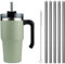 Moollyfox Mug Isotherme avec Poignée Couvercle Brosse et 5 Pailles Tasse à Café Acier Inoxydable sans BPA Double Isolée Gobelet Isotherme pour Eau, Café, Smoothie et Boissons Vert 20oz/600ml