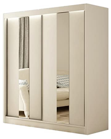 Margaret Hadas24 Kleiderschrank Lukas 200 cm mit Spiegel, Organizer, Mehrzweckschrank, Schwebetürenschrank, Garderobenschrank, Kleiderstange, Kleiderständer, Flurschrank, Schrank, 2-türig, weiß