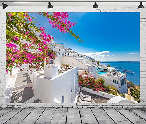 CORFOTO 7x5ft Stoff Blaues Meer Santorini Insel Hintergrund Griechenland Weiße Architektur Oia Luxus Resort Fotografie Hintergrund für Mamma Mia Party Dekorationen Griechische Geburtstagsparty
