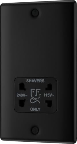 BG Electrical Dual Voltage Shaver Plug Socket, Electric Toothbrush Charger Socket, Bathroom, Raised and Slim Profile, Round Edges, Nexus Metal, 2-Pin, Matt Black,115V / 240V, NFB20B