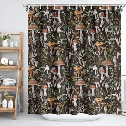 Fchen art Lot de 12 rideaux de douche rétro en tissu bohème motif champignon William Morris, noir, 180 x 180 cm