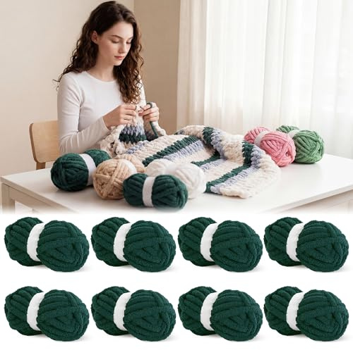 BALAPET 8 Pack Chunky Chenille Yarn for Crocheting & Knitting, 27yds 8 oz Each Skein Soft Fluffy Kitting Yarn Set, Thick Velvet Plush Yarn for Handcrafts Weaving Making Blankets, Blackish Green