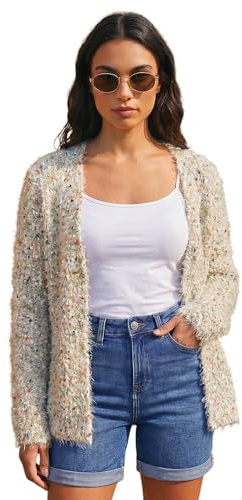 Roman Women Fluffy Cardigan Ladies Winter Cardi Longline Edge to Edge Ombre Coatigan Casual Sparkly Glittery Jacket Knitwear Knitted Autumn Fleecy Cosy Soft Coats - Ivory Multi - Size 20
