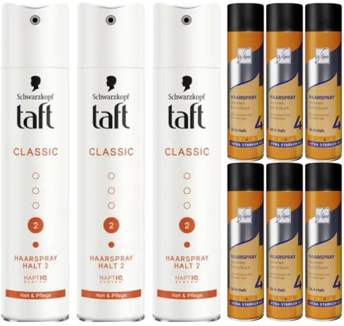 La Ligne Haarspray Volumen extra stark 400 ml x 6 STÜCK + Taft Haarspray Classic Halt & Pflege Halt 2 Spray Haarspray 250 Mililiter x 3 Stück mit Pufai Grocery