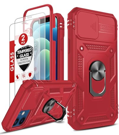 LeYi Cover per iPhone 12 con Vetro Temperato [2 Pack],Custodia per iPhone 12 con Protezione Fotocamera [Slidable] Antiurto Armor 360° Anello Supporto TPU Bumper Custodie 6.1'', Rosso